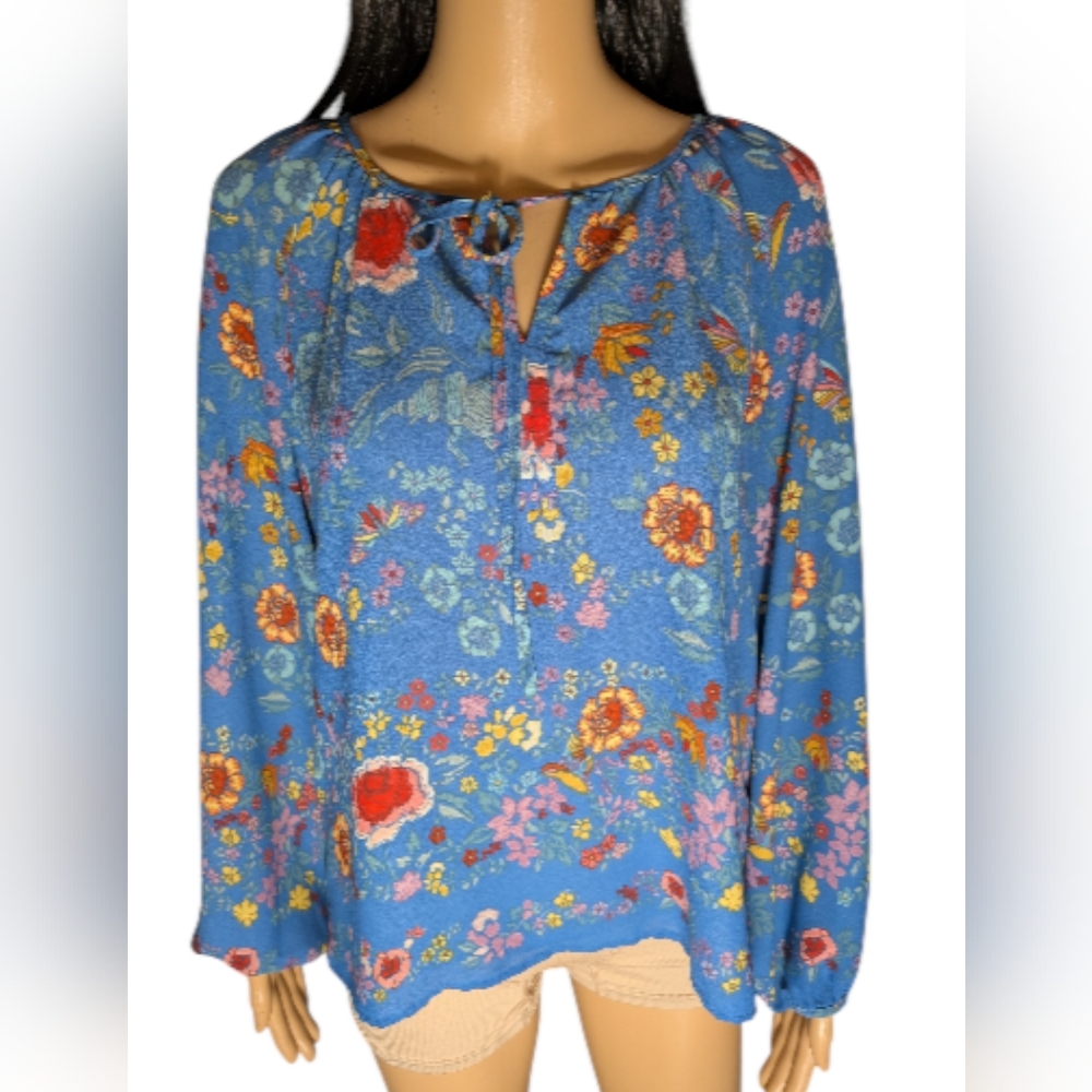 Dalia Vibrant Blue Flowers & Hummingbirds Blouse